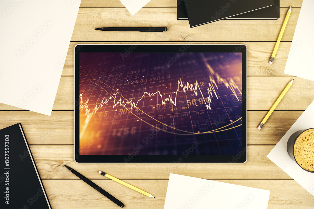 Poster Top view of abstract creative financial graph on modern digital tablet screen, forex and investment concept. 3D Rendering
