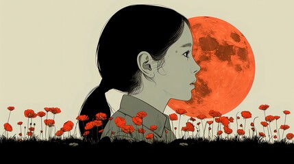 Illustration of a young woman gazing at a large blood moon amidst poppies
