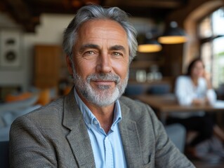 Obraz premium Grey-Haired Man With Beard Sitting at Table