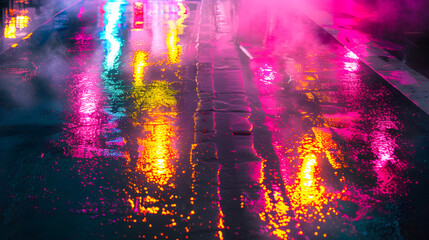 A street with neon lights reflecting on the wet pavement. The lights are in various colors, creating a vibrant and energetic atmosphere. Concept of excitement and movement