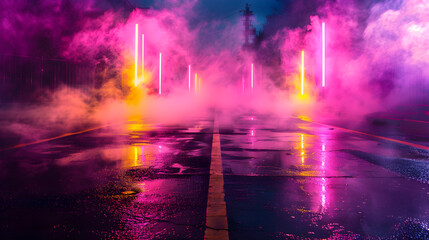 A neon sign is lit up in the rain, creating a colorful and vibrant atmosphere. The smoke and steam from the sign add to the overall mood of the scene, creating a sense of mystery and intrigue