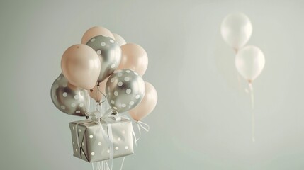 A magical arrangement of silver paper balloons carrying a pastel peach polka-dotted gift box,...