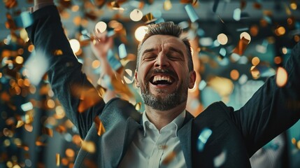  successful businessman with a satisfied smile, celebrating a triumph with colleagues in a celebratory atmosphere in the most sought-after stock photo company. 