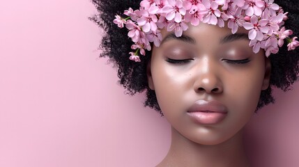 A woman with eyes closed, wearing a vibrant floral crown, representing beauty, wellness, and inner peace.