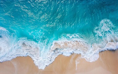 Fototapeta na wymiar Relaxing aerial beach, summer vacation tropical Mediterranean landscape banner. Waves surfing in beautiful blue ocean lagoon