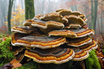 Healing Turkey Tail Mushroom in Autumn Forest. Medicinal Fungal Plant Among Moss and Trees in Nature