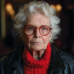 Elderly woman in a red sweater and glasses, embodying aging gracefully, self-confidence, and positive aging