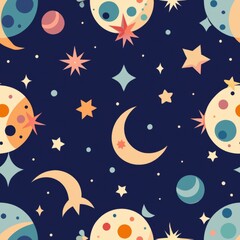 Seamless pattern of abstract celestial motifs such as stars, moons, and galaxies for a cosmic and ethereal wrapping paper, Generative AI