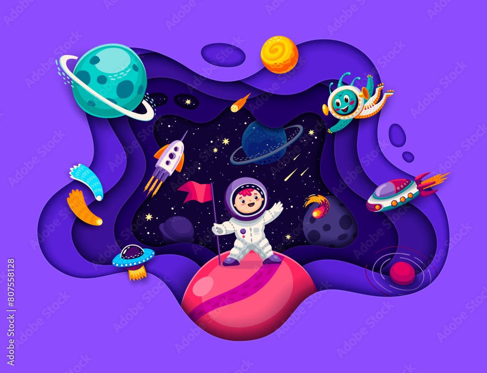Poster kid astronaut on space planet in galaxy on paper cut landscape, cartoon vector poster. kid spaceman 