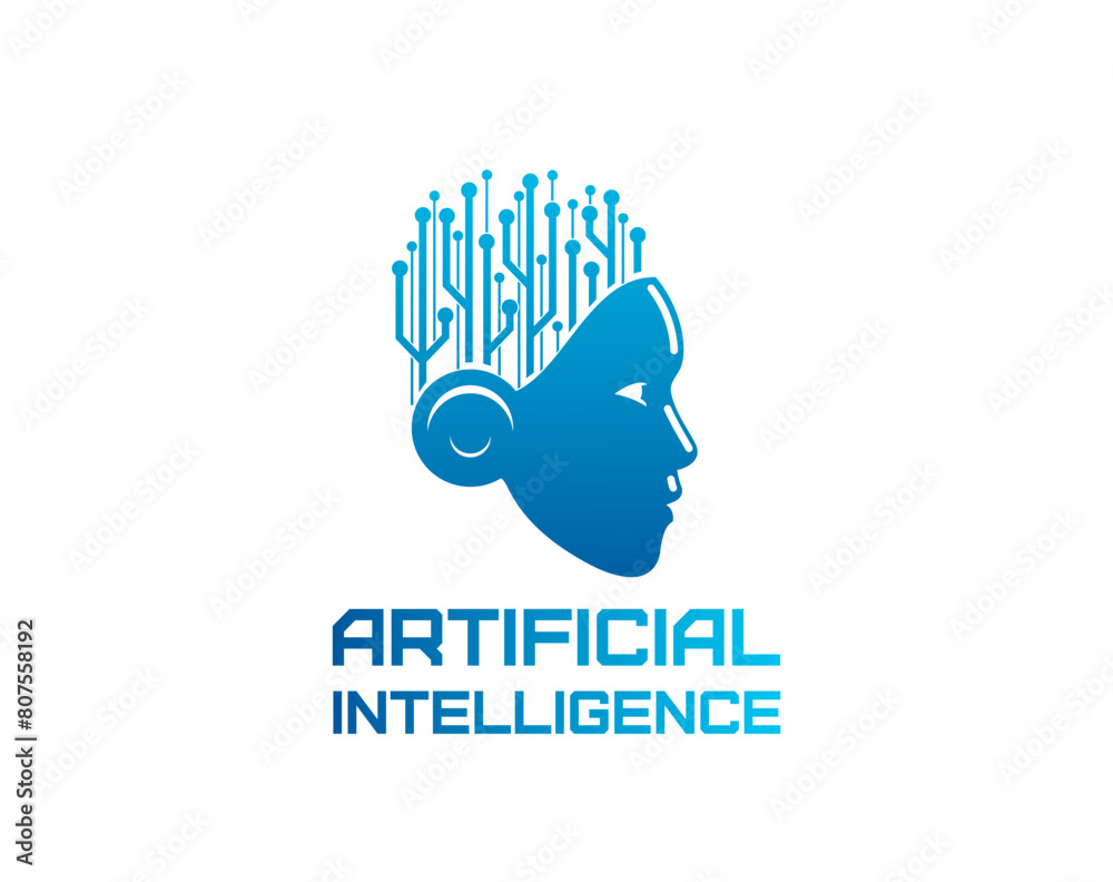 Fototapete Ai artificial intelligence icon, machine learning. Data technology isolated vector emblem with human or robot head profile with brain contains nodes or circuits, symbolizing neural networks algorithms