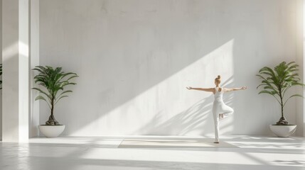 A minimalist white living room where a Caucasian woman performs a Warrior pose, the smooth white walls and bright tone setting a calm mood