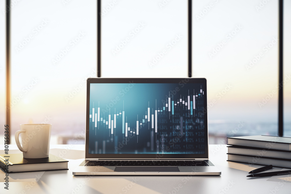 Aufkleber abstract creative financial graph on modern laptop monitor, forex and investment concept. 3d renderi