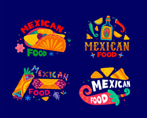 Mexican cuisine food lettering icons of Mexico Tex Mex dishes, vector menu banners. Mexican cuisine lettering for burrito and taco with nachos, tequila and chili or jalapeno peppers in floral ornament