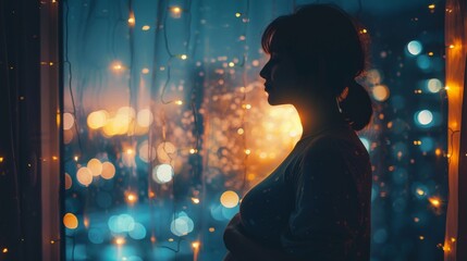 A night shot of a pregnant woman by the window, looking at the stars, contemplating motherhood and the future