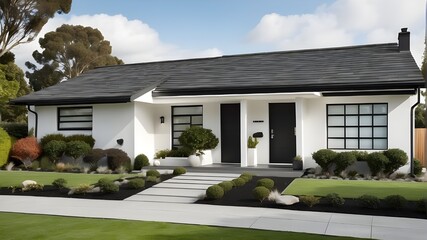 The white family home has a lovely front yard with a green lawn and paved driveway, and it has black pitched roof tiles.