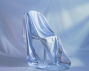 A chair is draped in a sheet of silver fabric. The chair is empty and the sheet is covering it