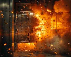 A dramatic image of a safety deposit box shielding its contents from a controlled demolition blast nearby