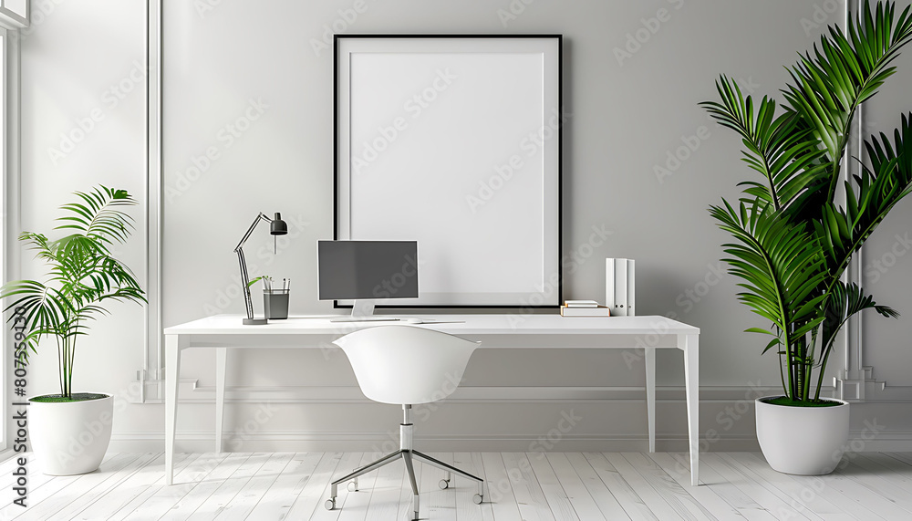 Poster office environment with a white frame mockup, infusing the workspace with elegance and professionali
