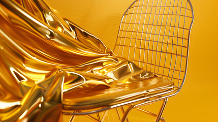 A chair is sitting on a yellow background with a gold fabric draped over it. The chair is made of metal and has a grid pattern on it. Concept of luxury and elegance, with the gold fabric