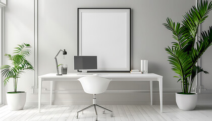 office environment with a white frame mockup, infusing the workspace with elegance and professionalism