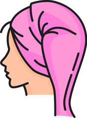 Woman hair care and treatment line color icon. Beauty bathroom cosmetics line pictogram, spa salon treatment product or haircare cosmetology outline vector sign or symbol with towel on woman head