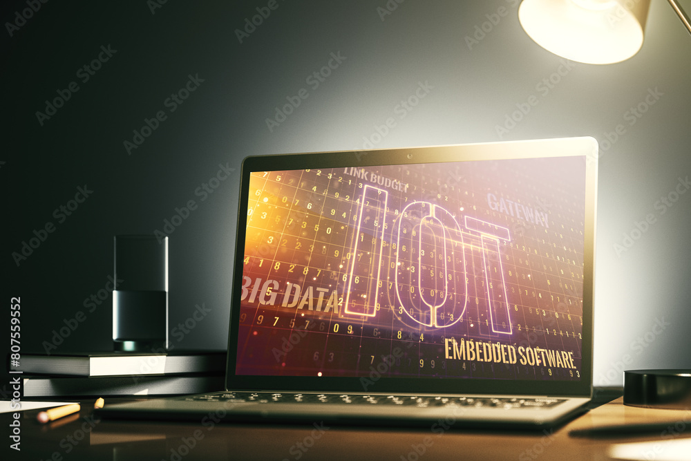 Leinwandbilder modern computer monitor with creative iot hologram, research and development concept. 3d rendering