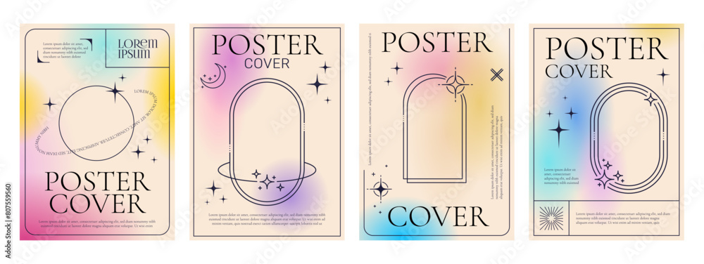 Poster aesthetic gradient y2k posters and cover templates with line frames, vector backgrounds. modern past