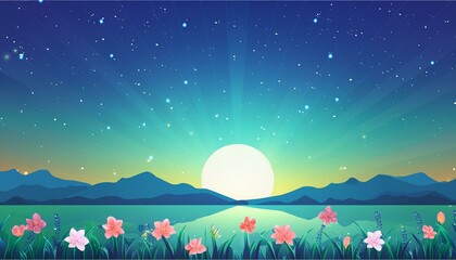 Background with sunrise over the mountains. Flowers. Copy space