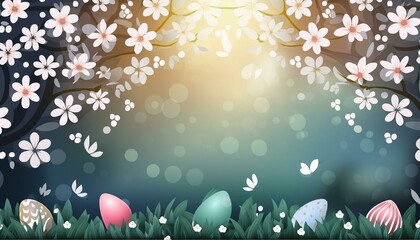 easter background with eggs and flowers. Bokeh effect