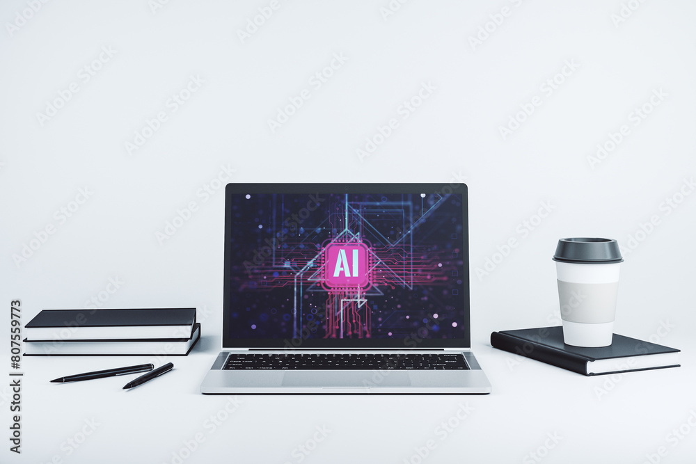 Poster Creative artificial Intelligence symbol concept on modern computer monitor. 3D Rendering