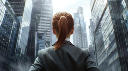 Back view of a young Scandinavian businesswoman in a formal suit against the backdrop of skyscrapers in the business district of the city  