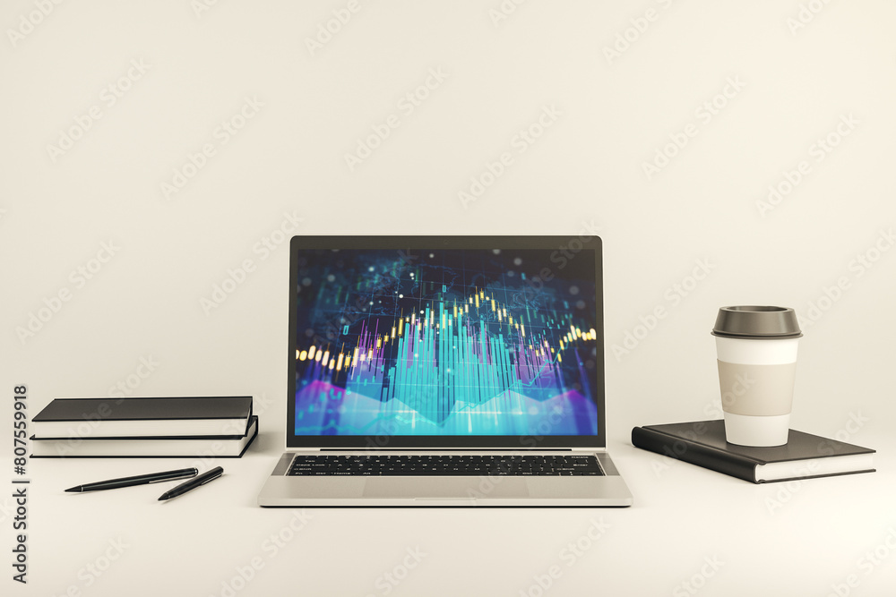 Poster abstract creative financial graph on modern laptop monitor, forex and investment concept. 3d renderi
