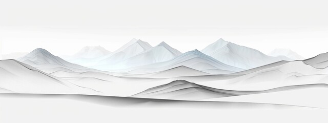 A clean white background with a minimalist line drawing of mountains in the distance.