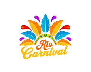 Brazilian Rio carnival party icon, vector entertainment event. Bright colorful feathers and gems headdress of Brazil music and latin dance carnaval costume symbol for fiesta party and street fest