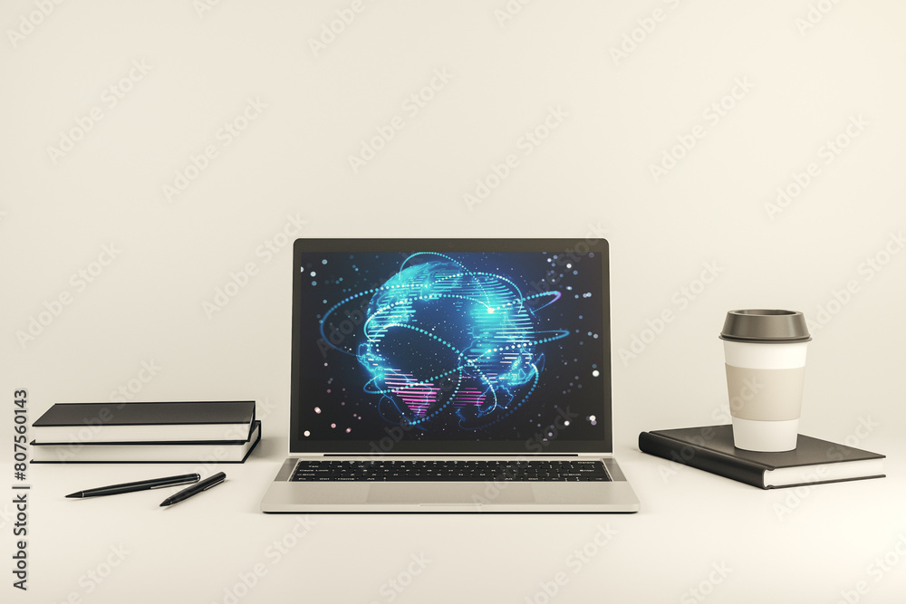 Fototapete computer monitor with abstract graphic digital world map with connections, globalization concept. 3d