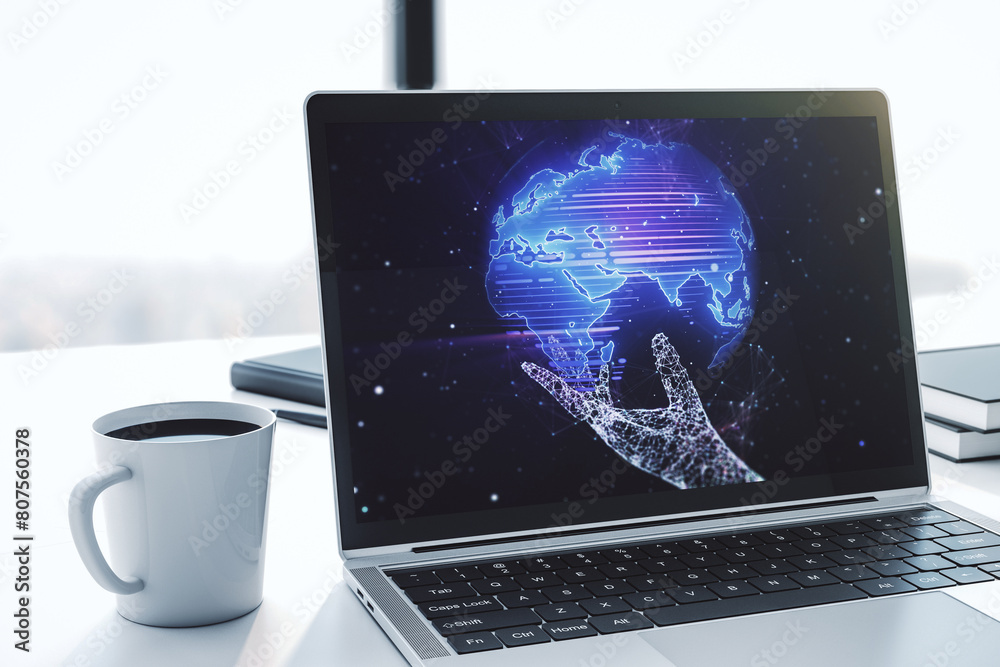Fototapete modern computer monitor with abstract digital world map, research and strategy concept. 3d rendering