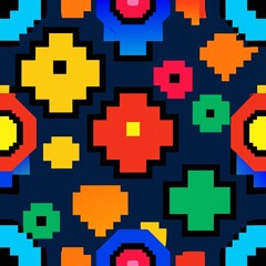 Fototapeta premium Seamless pattern of pixel art-inspired patterns with blocky shapes and vibrant hues for a retro and nostalgic feel, Generative AI