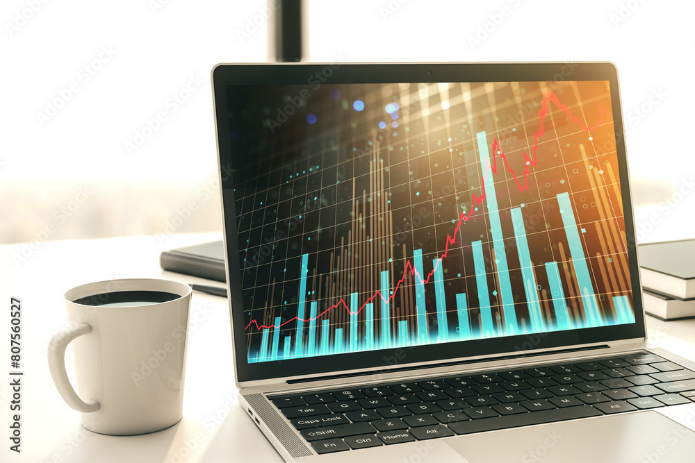 Poster Modern computer display with abstract financial graph, financial and trading concept. 3D Rendering