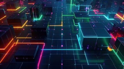 Futuristic 3D Geometric Cubes Shapes with Colorful Neon Lights on Dark Background, Abstract 3D Geometric Cubes Shapes with Colorful Neon Lights Background.