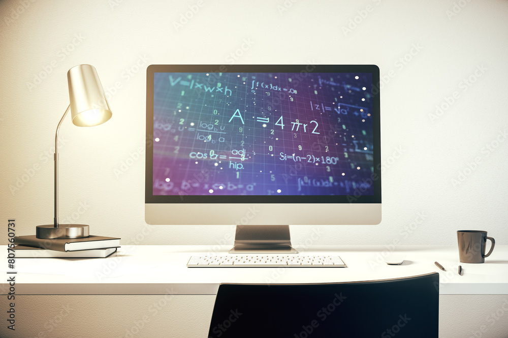 Poster Modern computer monitor with creative scientific formula concept, research and development concept. 3D Rendering