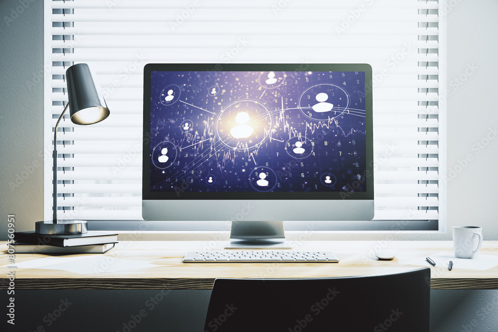 Leinwandbilder modern computer display with social network icons concept. networking concept. 3d rendering