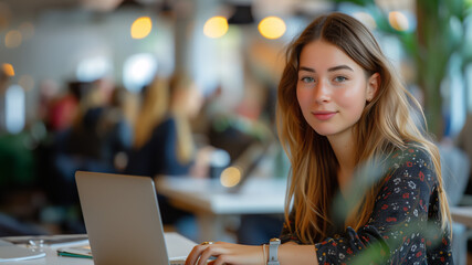 Young Blonde Woman Working in a Cafe. Attractive young blonde woman working on a laptop in a cafe, with a serene expression.