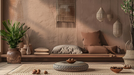Minimalist zen interior design in beige with natural elements and light. Relaxing interiors, meditation room concept.