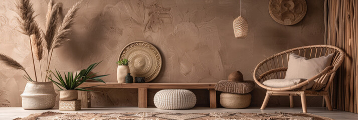 Minimalist zen interior design in beige with natural elements and light. Relaxing interiors,...
