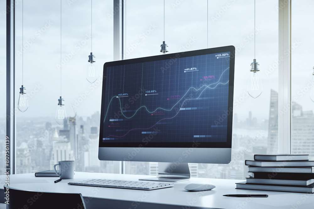 Aufkleber stats data illustration on modern laptop monitor, computing and analytics concept. 3d rendering