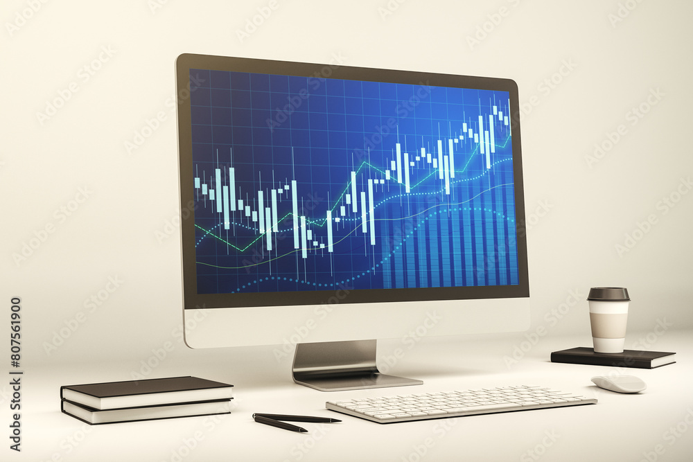 Poster abstract creative financial graph on modern laptop monitor, forex and investment concept. 3d renderi