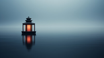 A small lantern sits on the surface of a calm body of water - Powered by Adobe