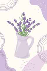 Trendy botanical wall art with lavender bouquet in a jug. Template concept for postcards, banner, social media design, invitations, covers, wall art. Vector illustration