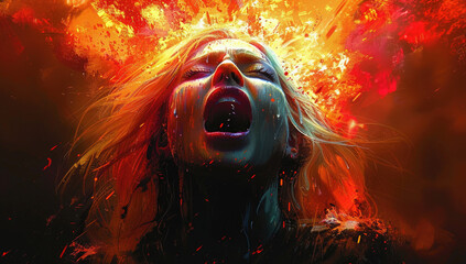 A blonde woman in the style of Marvel's X-Men, screaming with fiery eyes and hair ablaze as she is surrounded by flames and sparks. Created with AI