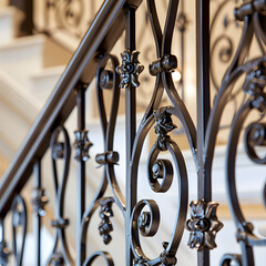 The staircase is made of wrought iron and has a floral design. The iron is black and shiny, giving...